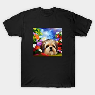 Shih Tzu Face Surrounded by Flowers T-Shirt